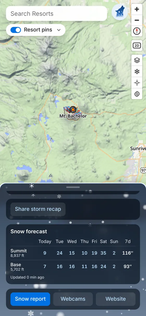 The Mt. Bachelor card's snow forecast: summit 9, 24, 15, 10, 19, 35 and 2 inches from Monday to Sunday, 116 inches in 7 days; base 93 inches.