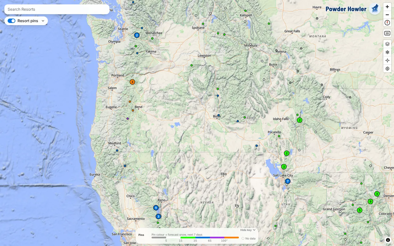 The map over the western US with each resort pin coloured by its forecast snow for the next 7 days, the deepest in Oregon.