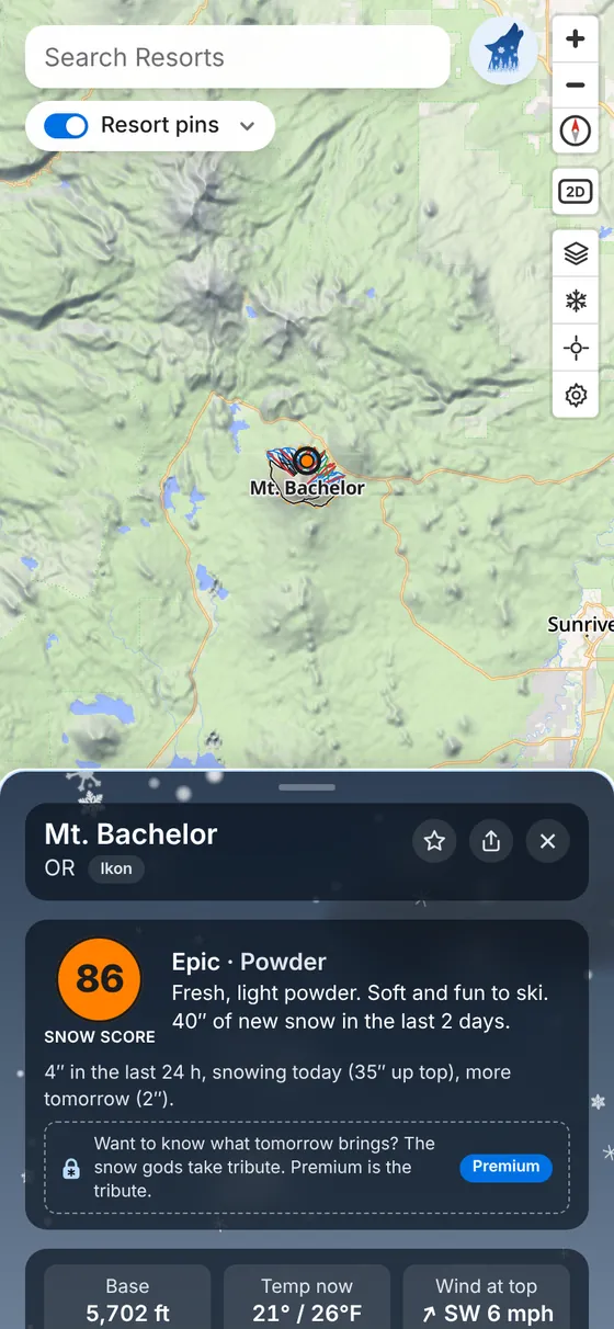 The Mt. Bachelor card with its Snow score at the top: 86, Epic powder, 40 inches of new snow in the last 2 days.