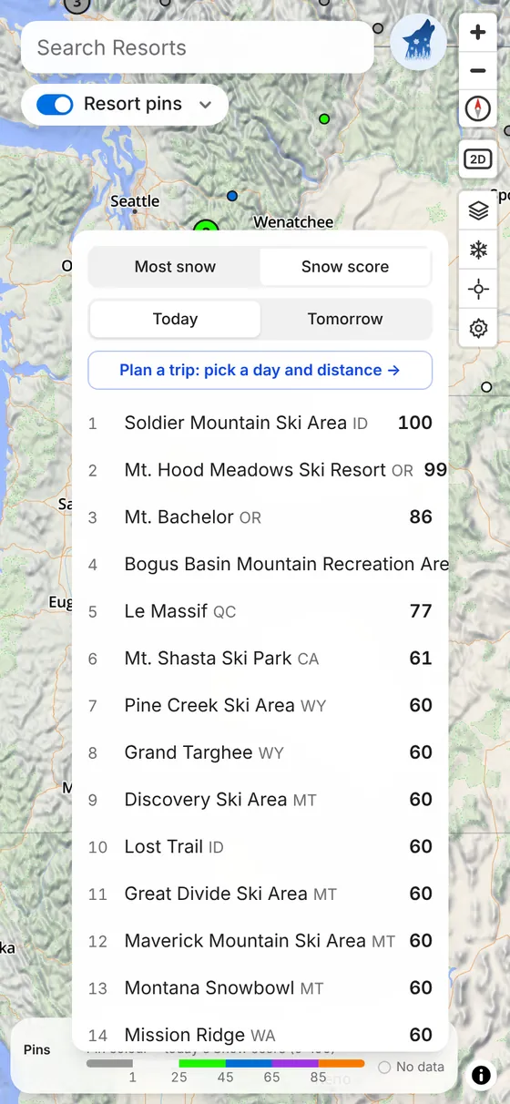 The Powder finder ranking resorts by today's Snow score: Soldier Mountain 100, Mt. Hood Meadows 99, Mt. Bachelor 86.