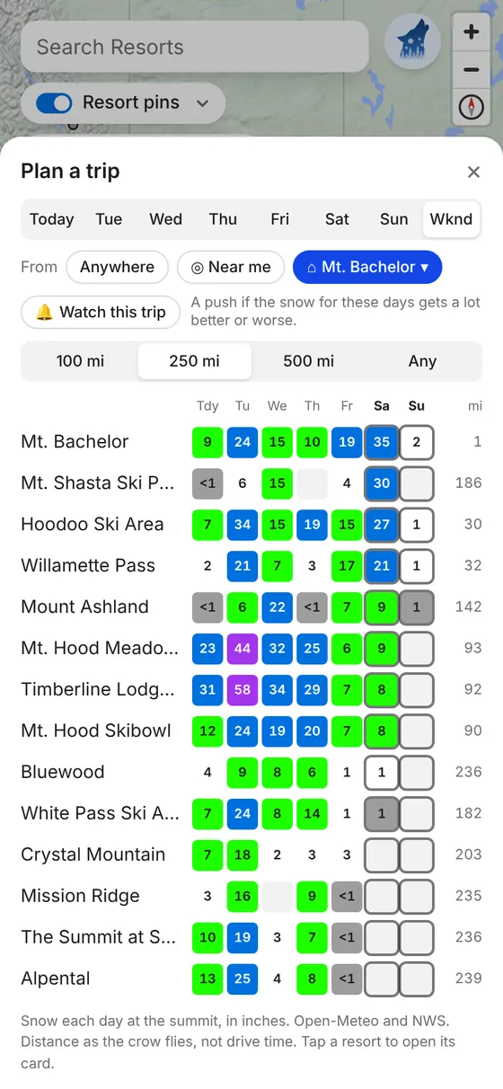 Plan a trip: a 7-day snow grid for resorts within 250 miles of Mt. Bachelor.